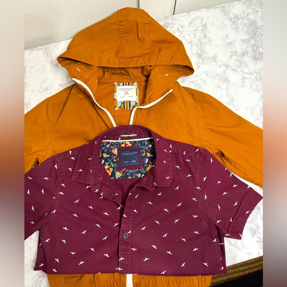 DENIM & FLOWERS Boys size 8, Burgundy button shirt and Orange hooded jacket